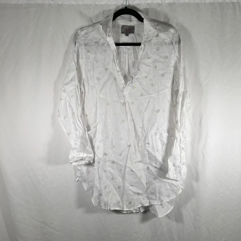 ForCynthia Tunic Women's Medium White Silver Gold Polka Dot V-neck Linen